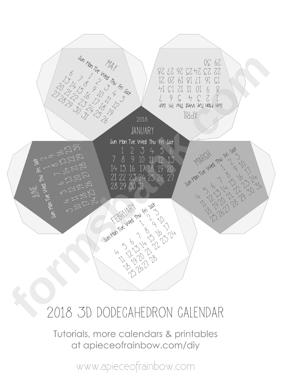 3d Dodecahedron Calendar Template - 2018 - Gray