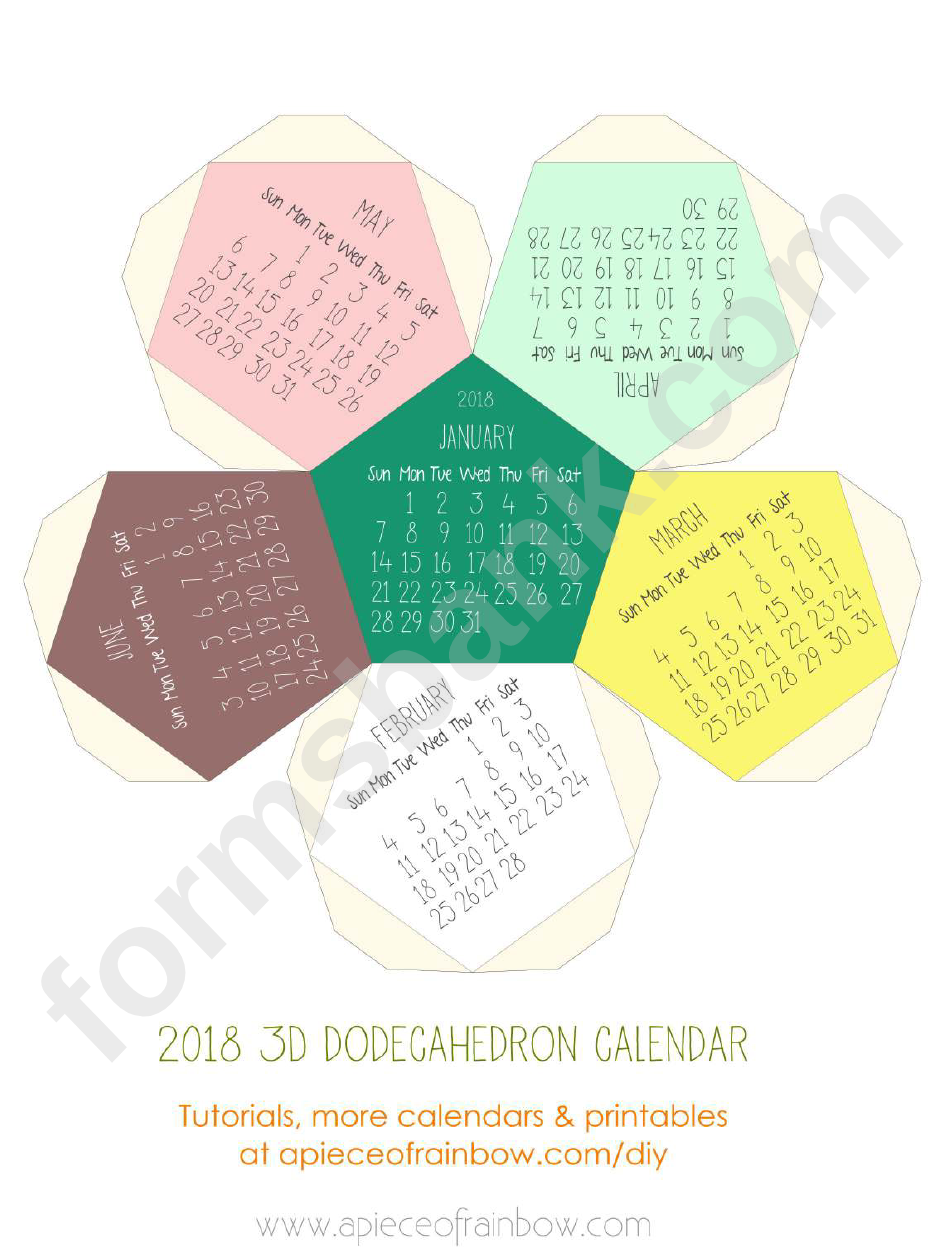 3d Dodecahedron Calendar Template - 2018 - Multicolor