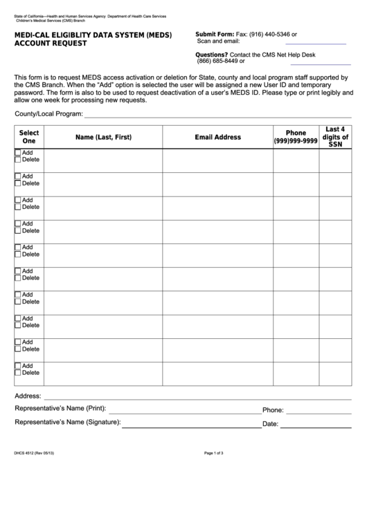 Fillable Form Dhcs 4512 - California Medical Eligiblity Data System Account Request - Health And Human Services Agency Printable pdf
