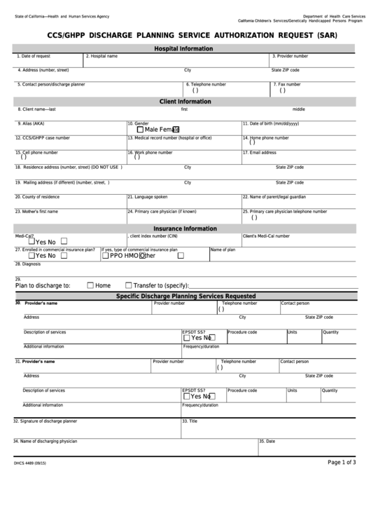 Fillable Form Dhcs 4489 - California Ccs/ghpp Discharge Planning Service Authorization Request - Health And Human Services Agency Printable pdf