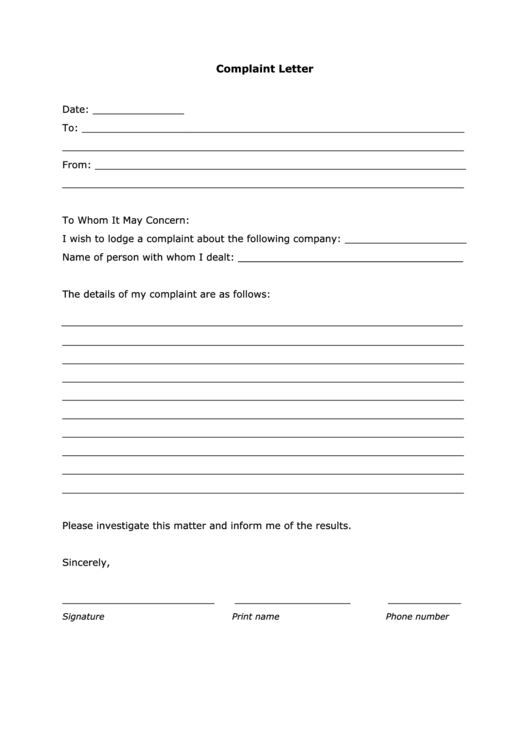 Simple Complaint Letter Printable pdf