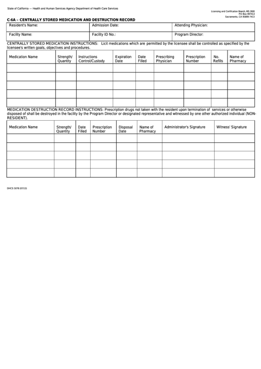 Form Dhcs 5078 - California C-6a Centrally Stored Medication And Destruction Record - Health And Human Services Agency Printable pdf