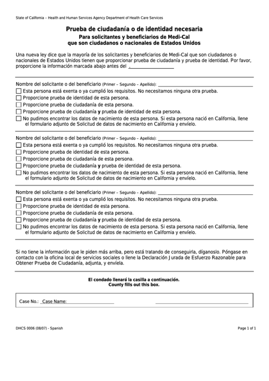 Form Dhcs 0006 - Prueba De Ciudadania O De Identidad Necesaria - Health And Human Services Agency Printable pdf