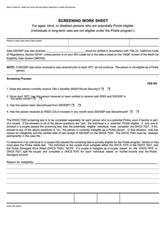 Fillable Form Dhcs 7020 - California Screening Work Sheet - Health And Human Services Agency Printable pdf