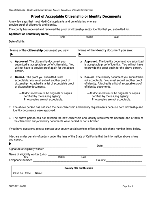 Form Dhcs 0011 - California Proof Of Acceptable Citizenship Or Identity Documents - Health And Human Services Agency Printable pdf