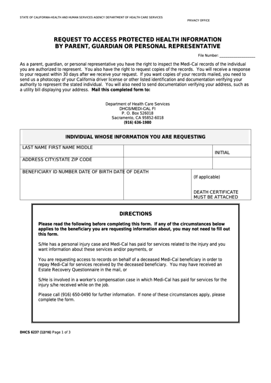 Fillable Form Dhcs 6237 - California Request To Access Protected Health Information By Parent, Guardian Or Personal Representative - Health And Human Services Agency Printable pdf