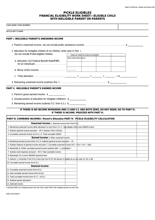 Form Dhcs 7019 - Pickle Eligibles Financial Eligibility Work Sheet Eligible Child With Ineligible Parent Or Parents - Health And Human Services Agency Printable pdf