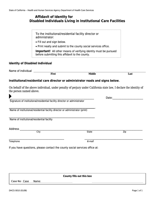 Form Dhcs 0010 - California Affidavit Of Identity For U.s. Citizen Or National For Disabled Individuals Living In Institutional Care Facilities - Health And Human Services Agency Printable pdf