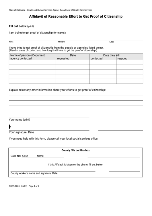 Fillable Form Dhcs 0003 - California Affidavit Of Reasonable Effort To Get Proof Of Citizenship - Health And Human Services Agency Printable pdf
