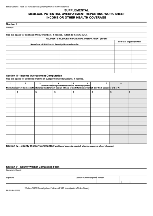 Form Mc 224 A-S - Supplemental Medi-Cal Potential Overpayment Reporting Work Sheet Income Or Other Health Coverage Printable pdf