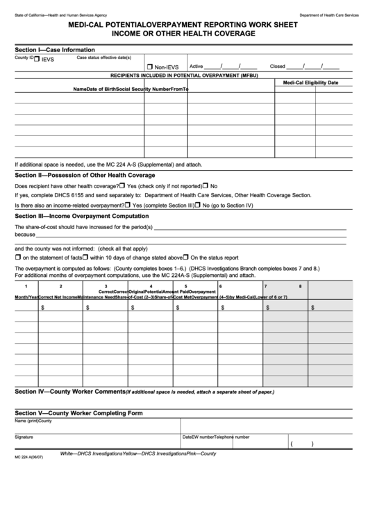 Form Mc 224 A - Medi-Cal Potential Overpayment Reporting Work Sheet Income Or Other Health Coverage Printable pdf