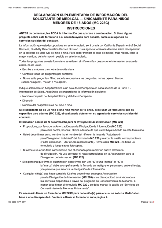 Form Mc 223c - Declaracion Suplementaria De Informacion Del Solicitante De Medi-Cal Unicamente Para Ninos Menores De 18 Anos Printable pdf