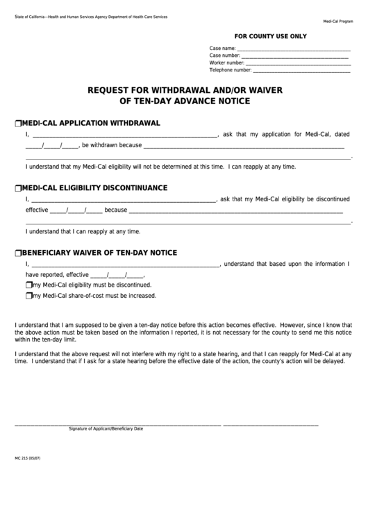 Fillable Form Mc 215 - Request For Withdrawal And/or Waiver Of Ten-Day Advance Notice Printable pdf