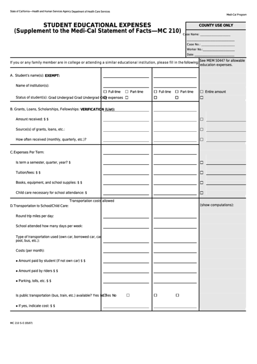 Fillable Form Mc 210 S-E - Student Educational Expenses Printable pdf