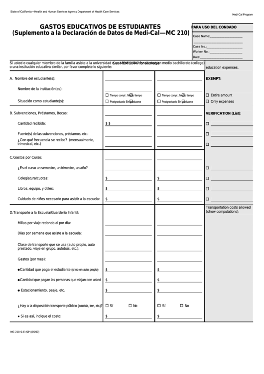 Form Mc 210 S-E - Gastos Educativos De Estudiantes Printable pdf