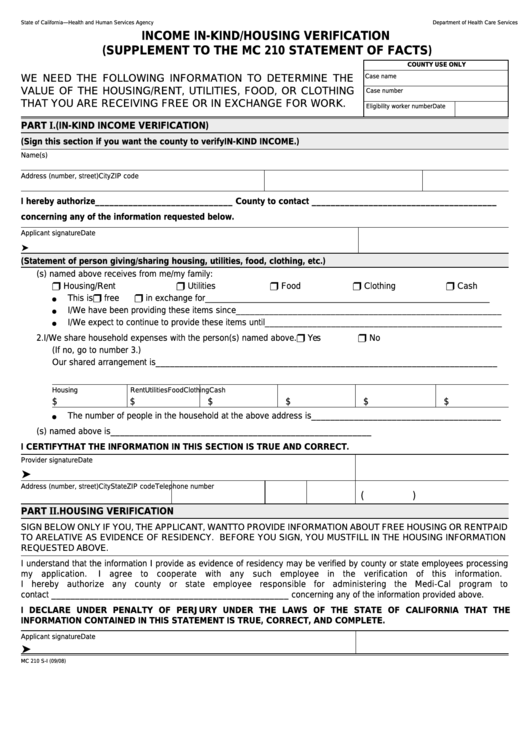 Fillable Form Mc 210 S-I - Income In-Kind/housing Verification Printable pdf