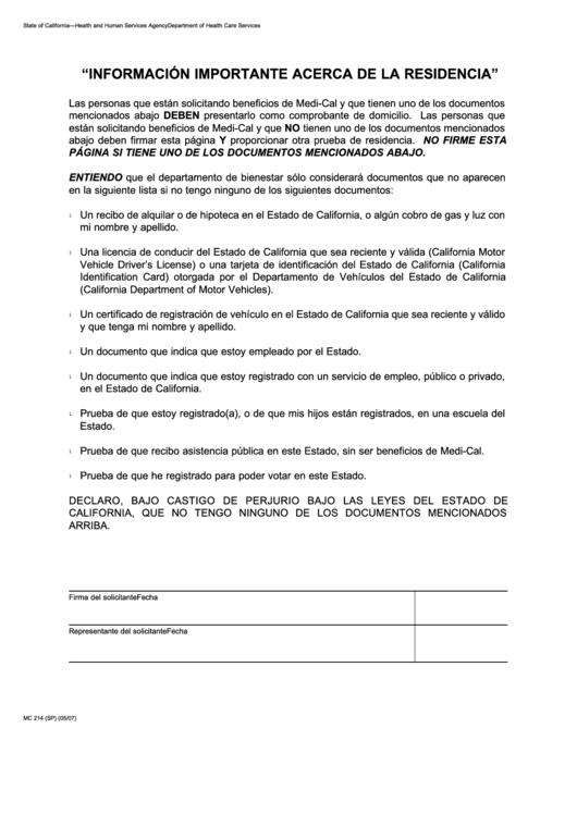 Form Mc 214 - Informacion Importante Acerca De La Residencia Printable pdf