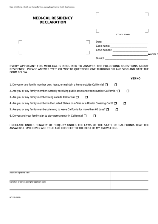 Fillable Form Mc 212 - Medi-Cal Residency Declaration (Declaracion De Medi-Cal Sobre Residencia) Printable pdf