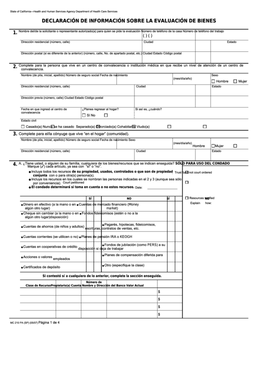 Form Mc 210 Pa - Declaracion De Informacion Sobre La Evaluacion De Bienes Printable pdf