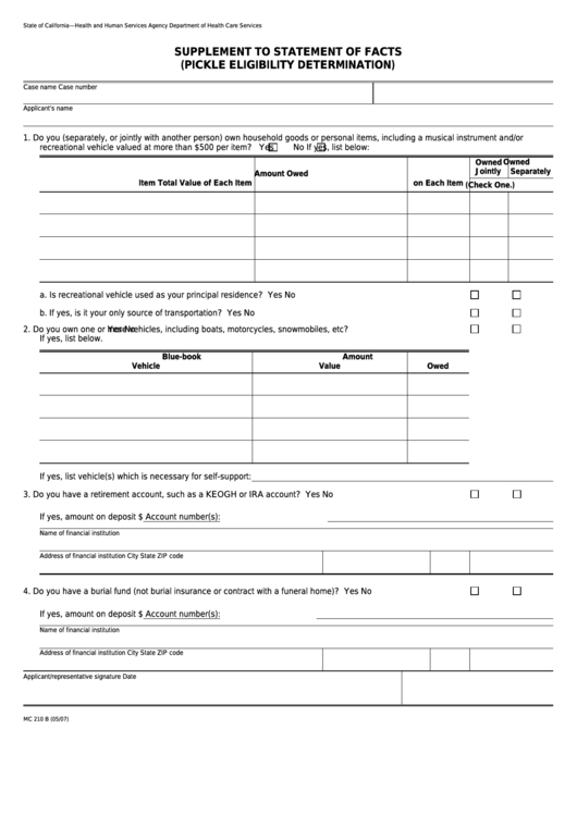 Form Mc 210 B - Supplement To Statement Of Facts (Pickle Eligibility Determination) Printable pdf