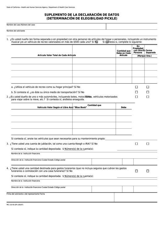 Form Mc 210 B - Suplemento De La Declaracion De Datos (Determinacion De Elegibilidad Pickle) Printable pdf