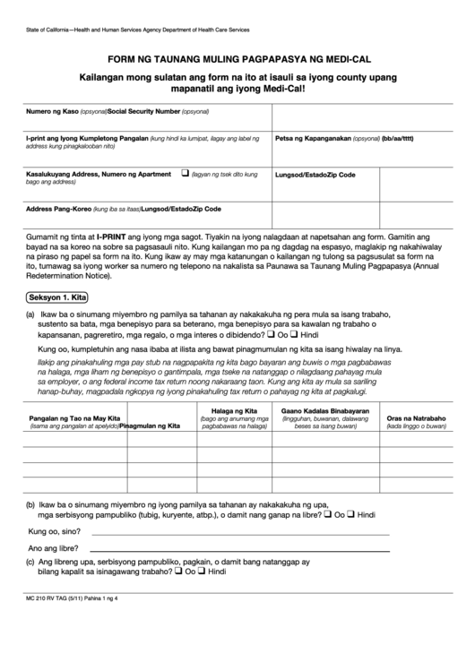 Form Mc 210 Rv - Medi-Cal Annual Redetermination Form (Tagalog) Printable pdf
