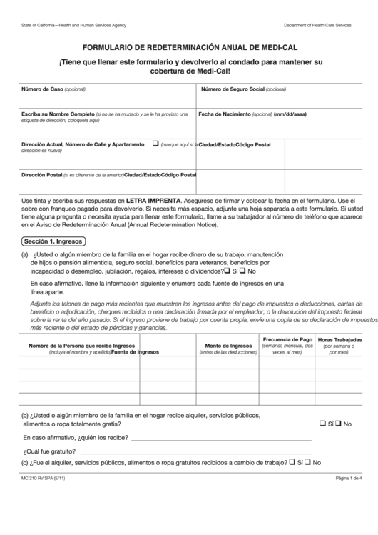 Form Mc 210 Rv - Formulario De Redeterminacion Anual De Medi-Cal Printable pdf