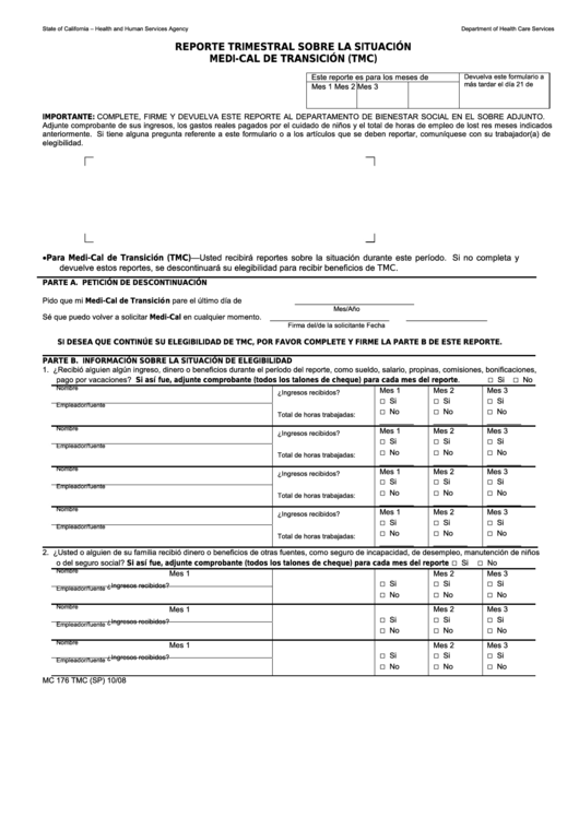 Form Mc 176 Tmc - Reporte Trimestral Sobre La Situacion Medi-Cal De Transicion (Tmc) Printable pdf