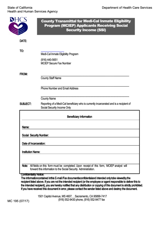 Fillable Form Mc 195 - County Transmittal For Medi-Cal Inmate Eligibility Program (Mciep) Applicants Receiving Social Security Income (Ssi) Printable pdf