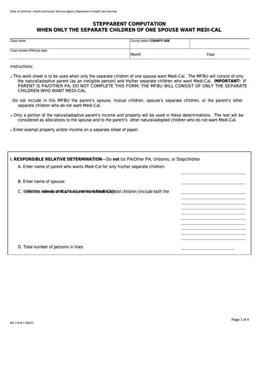 Form Mc 176 W.1 - Stepparent Computation When Only The Separate Children Of One Spouse Want Medi-Cal Printable pdf