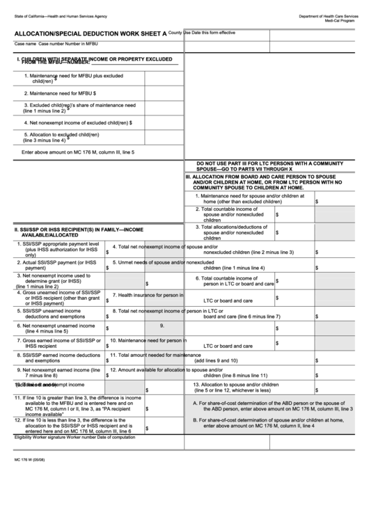 Form Mc 176 W - Allocation/special Deduction Work Sheet A Printable pdf