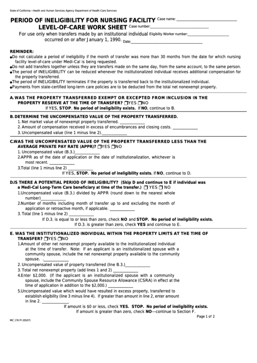 Fillable Form Mc 176 Pi - Period Of Ineligibility For Nursing Facility Level-Of-Care Work Sheet Printable pdf