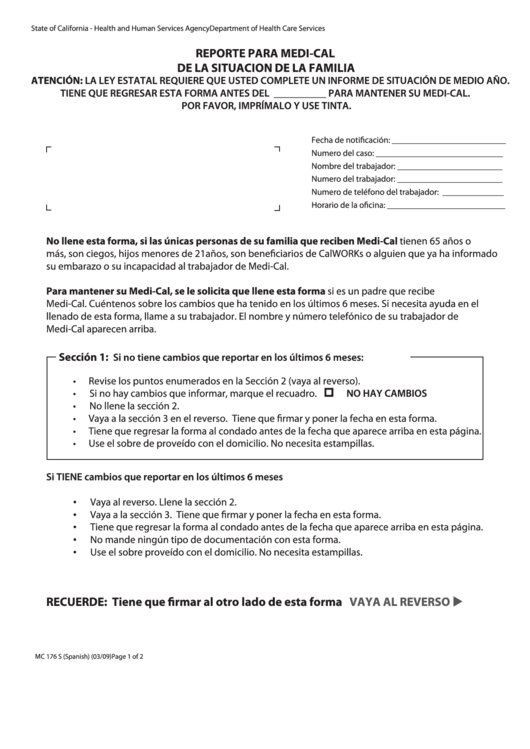 Form Mc 176 S - Reporte Para Medi-Cal De La Situacion De La Familia Printable pdf