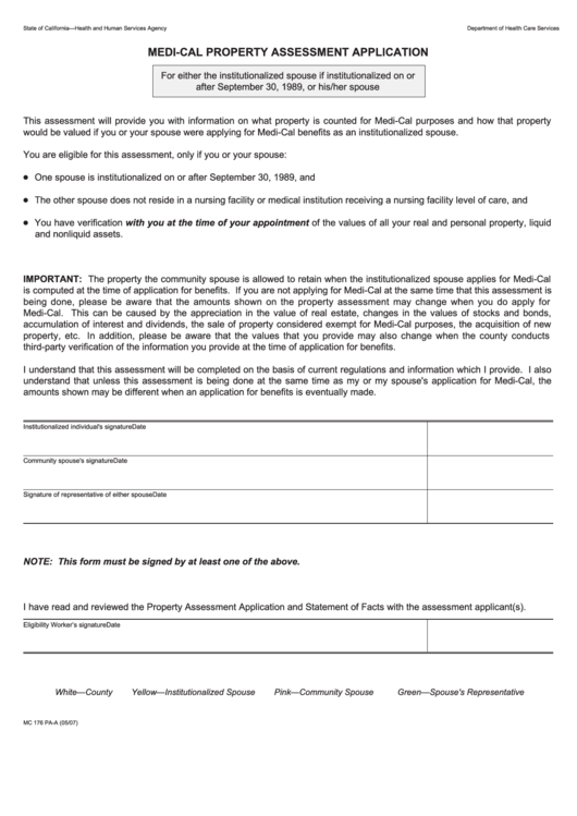 Form Mc 176 Pa-A - Medi-Cal Property Assessment Application Printable pdf