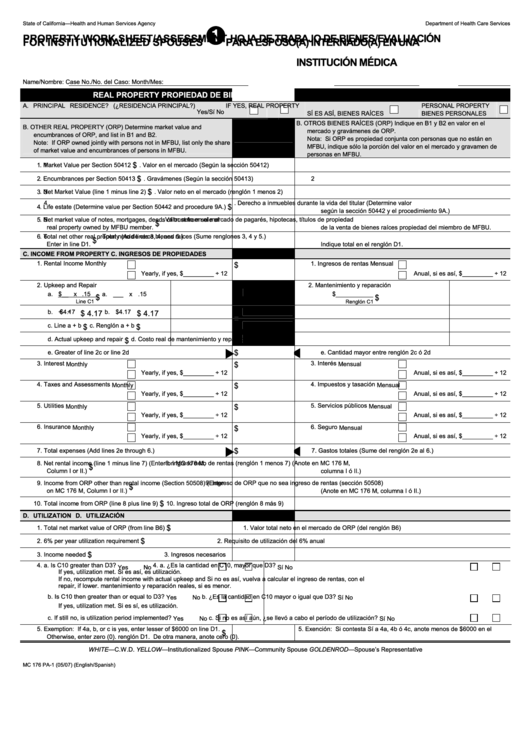 Form Mc 176 Pa-1 - Property Work Sheet/assessment For Institutionalized Spouses (Hoja De Trabajo De Bienes/evaluacion Para Esposo(A) Internado(A) En Una Institucion Medica) Printable pdf