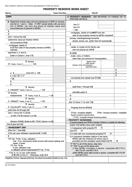 Form Mc 176 P - Property Reserve Work Sheet Printable pdf
