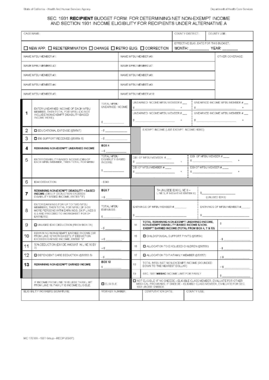 Form Mc 176 Ma - 1931 - Sec. 1931 Recipient Budget Form For Determining Net Non-Exempt Income And Section 1931 Income Eligibility For Recipients Under Alternative A Printable pdf