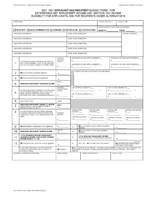 Form Mc 176 Ma - 1931 - Sec. 1931 Applicant And Recipient Budget Form: For Determining Net Non-Exempt Income And Section 1931 Income Eligibility For Applicants; And For Recipients Under Alternative B Printable pdf
