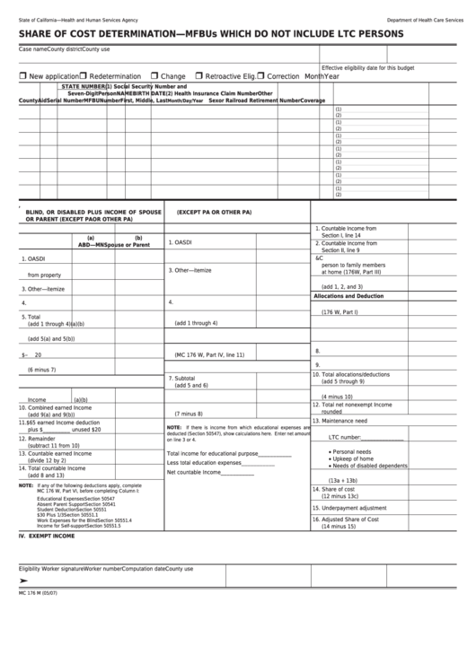 Form Mc 176 M - Share Of Cost Determination-Mfbus Which Do Not Include Ltc Persons Printable pdf