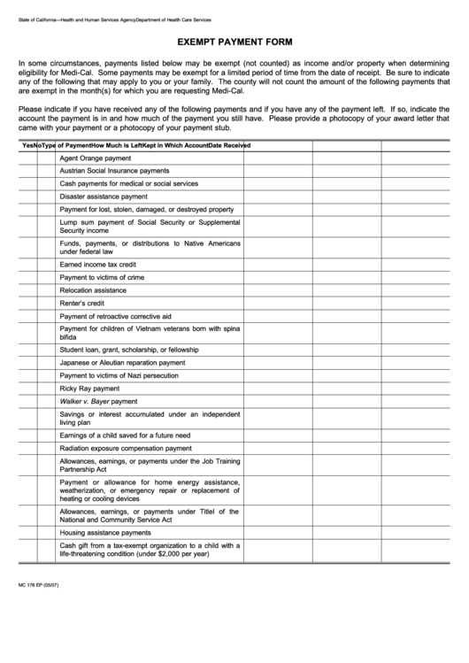 Form Mc 176 Ep - Exempt Payment Form Printable pdf