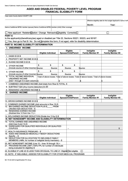 Form Mc 176 Ad - Aged And Disabled Federal Poverty Level Program Financial Eligibility Form Printable pdf