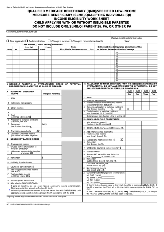 Form Mc 176-2 B - Qualified Medicare Beneficiary (Qmb)/specified Low-Income Medicare Beneficiary (Slmb)/qualifying Individual (Qi) Income Eligibility Work Sheet Child Applying With Or Without Ineligible Parent(S) Printable pdf