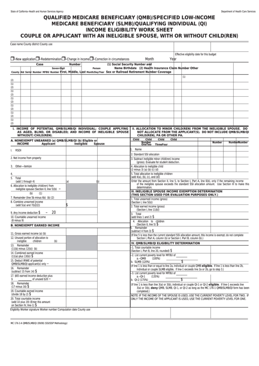 Form Mc 176-2-A - Qualified Medicare Beneficiary (Qmb)/specified Low-Income Medicare Beneficiary (Slmb)/qualifying Individual (Qi) Income Eligibility Work Sheet - Couple Or Applicant With An Ineligible Spouse, With Or Without Child(Ren) Printable pdf