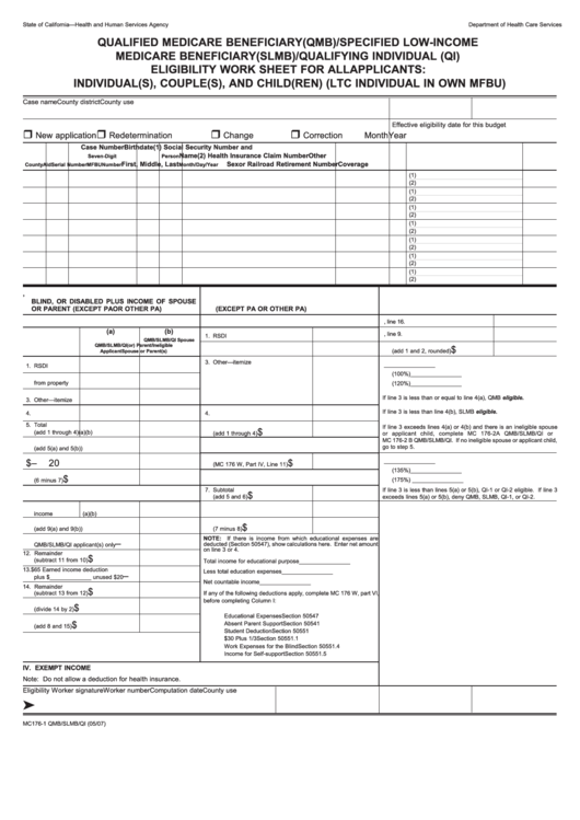 Form Mc176-1 - Qualified Medicare Beneficiary (Qmb)/specified Low-Income Medicare Beneficiary (Slmb)/qualifying Individual (Qi) Eligibility Work Sheet For All Applicants: Individual(S), Couple(S), And Child(Ren) (Ltc Individual In Own Mfbu) Printable pdf