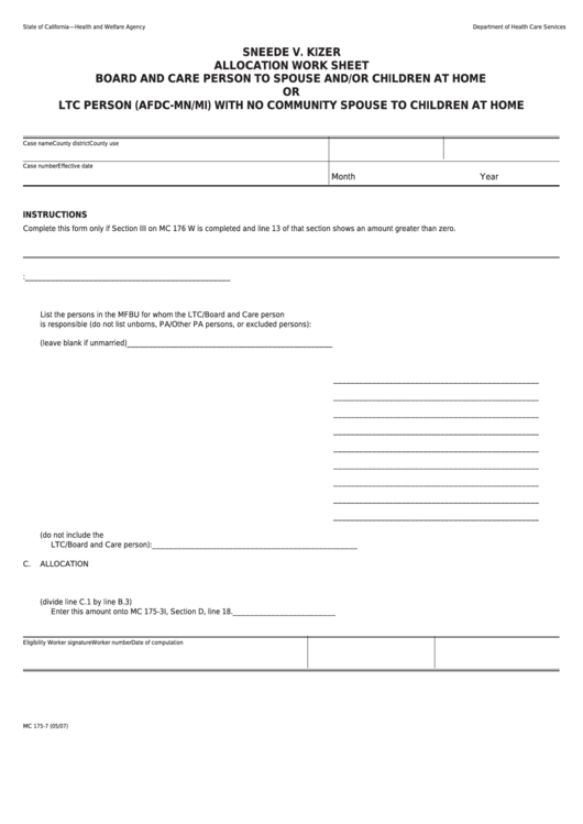 Form Mc 175-7 - Sneede V. Kizer Allocation Work Sheet Board And Care Person To Spouse And/or Children At Home Or Ltc Person (Afdc-Mn/mi) With No Community Spouse To Children At Home Printable pdf