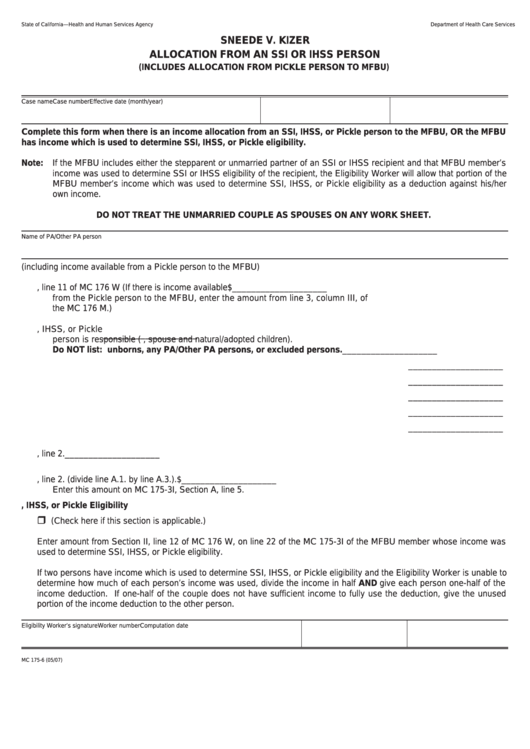 Form Mc 175-6 - Sneede V. Kizer Allocation From An Ssi Or Ihss Person Printable pdf