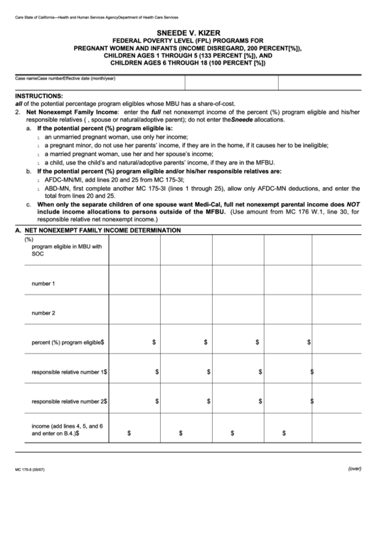 Form Mc 175-5 - Sneede V. Kizer Federal Poverty Level (Fpl) Programs For Pregnant Women And Infants (Income Disregard, 200 Percent[%]), Children Ages 1 Through 5 (133 Percent [%]), And Children Ages 6 Through 18 (100 Percent [%]) Printable pdf
