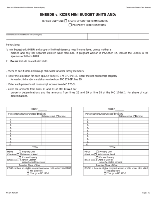 Form Mc 175-4 - Sneede V. Kizer Mini Budget Units And Share Of Cost Determinations / Property Determinations Printable pdf