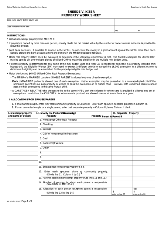 Form Mc 175-3 P - Sneede V. Kizer Property Work Sheet Printable pdf