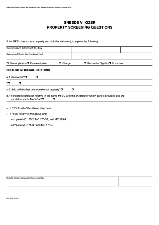 Form Mc 175 P - Sneede V. Kizer Property Screening Questions Printable pdf